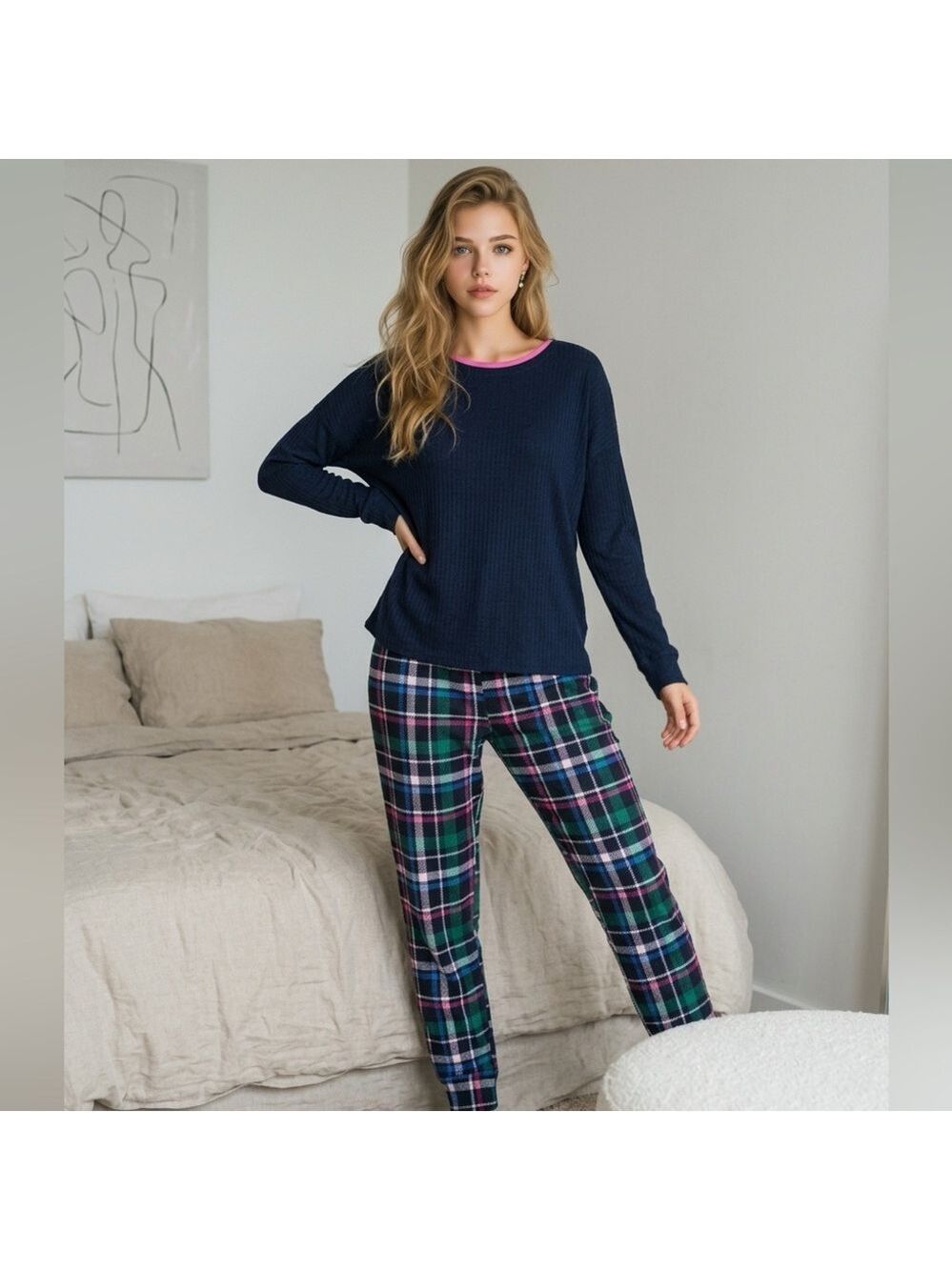 crown & ivy Navy Top with Plaid Pajama Pants